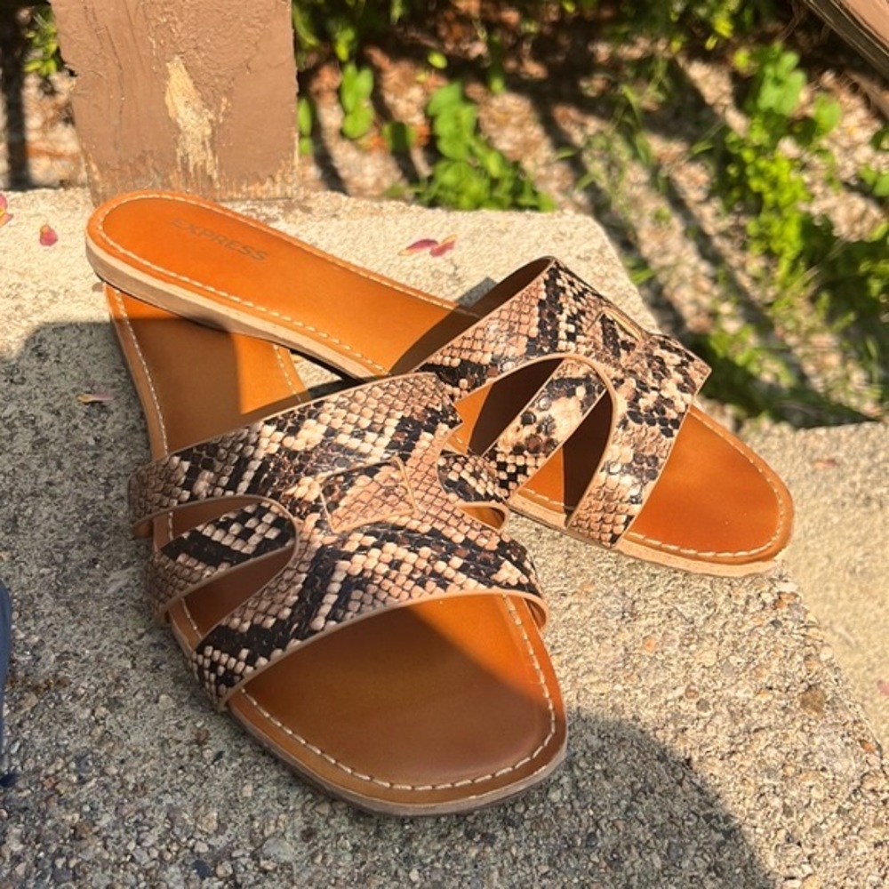 Express Snake Print Sandals - Brown and Tan